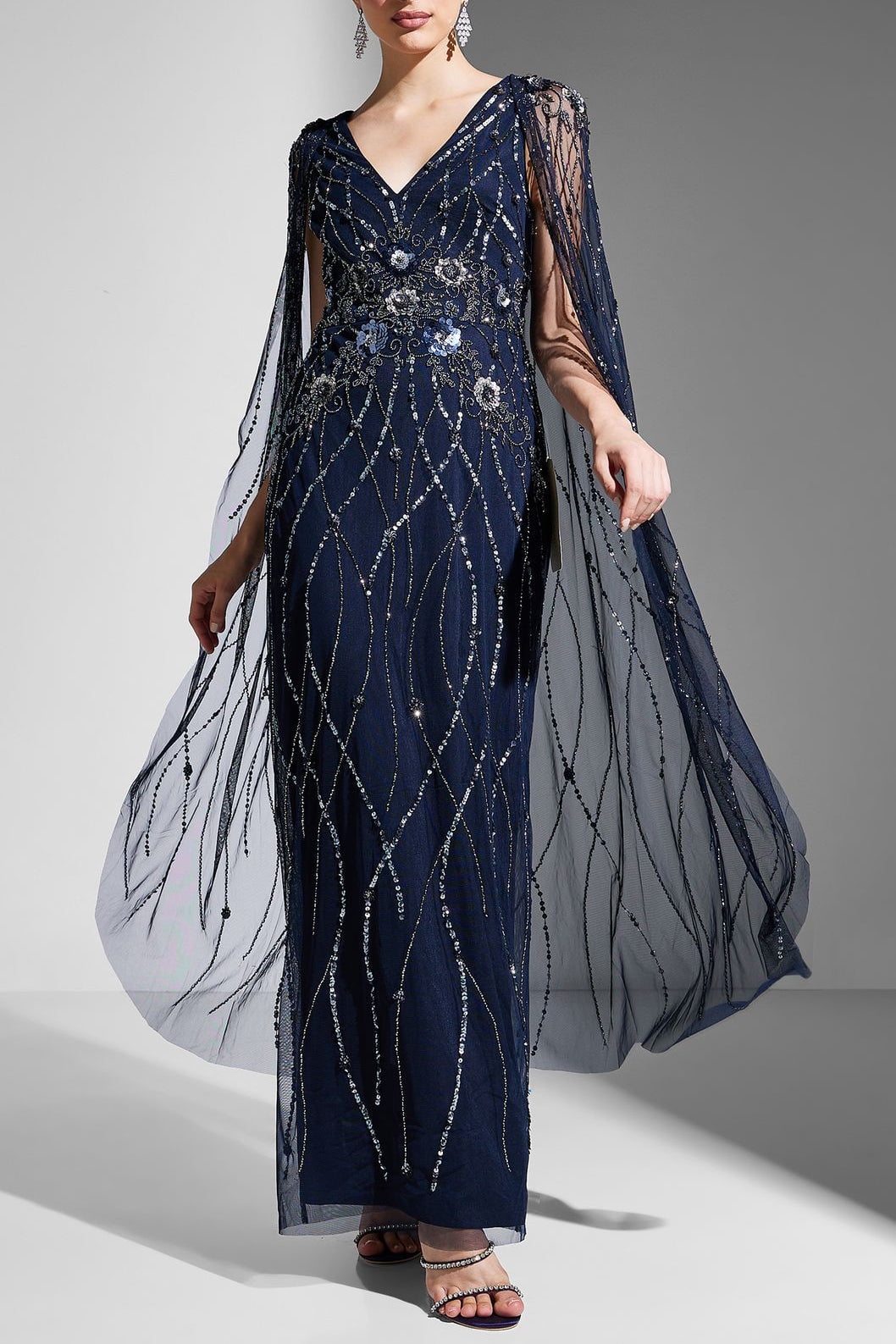 Adrianna Papell V neck cape sleeve embellished zipper back mesh gown MIDNIGHT 4