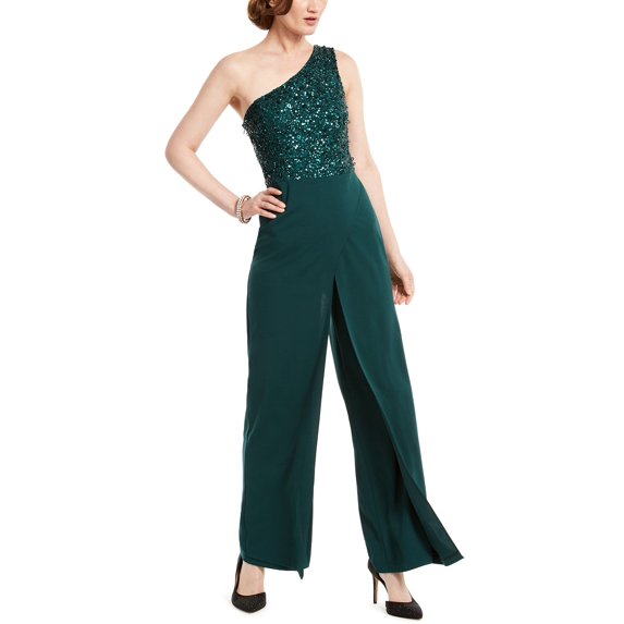 Adrianna Papell Women's Beaded Crepe Jumpsuit Green Size 4 Petite