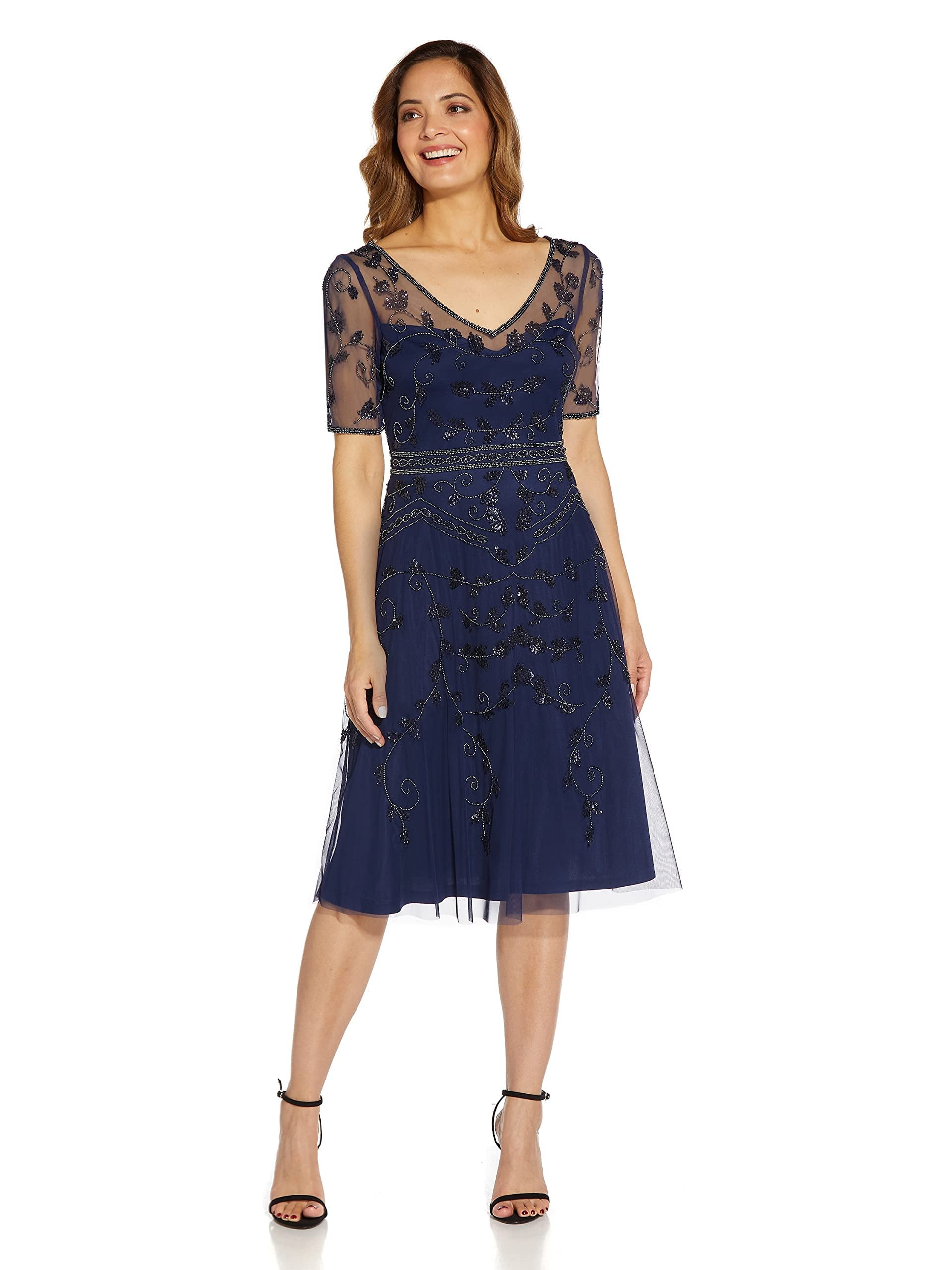 knee length dresses for ladies Adrianna Papell Floral Print Chiffon V-Neck Sleeveless Ruffle Trim Midi  Dress main image 1