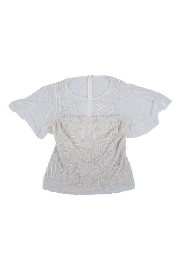 Women's Blouse Beaded Top Chiffon Flare Sleeve Ivory Pearl 2 New