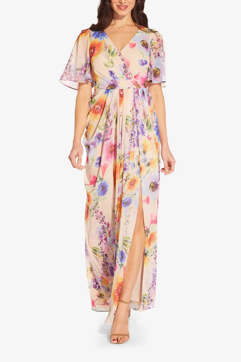 Adrianna Papell Women's Printed Chiffon Gown – Floral Wrap Style, Long Sleeves, Floor-Length Evening Dress