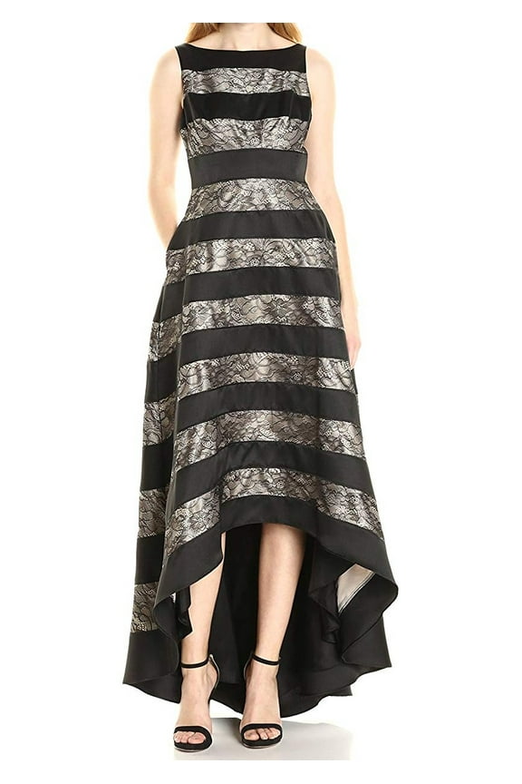 Women's Sleevless Striped Lace and Mikado Hi Low Gown, Black, 2