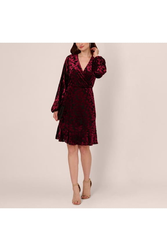 Women's Velvet Burnout Faux-Wrap Dress Burgundy Black (Burgundy Black, 16)