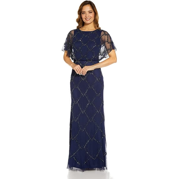 Adrianna Papell Womens Beaded Blouson Gown 6 Light Navy