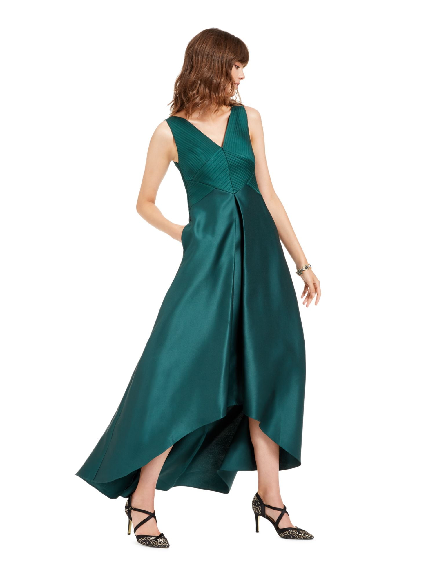 Adrianna Papell Womens High Low Pleated Evening Dress Green 8