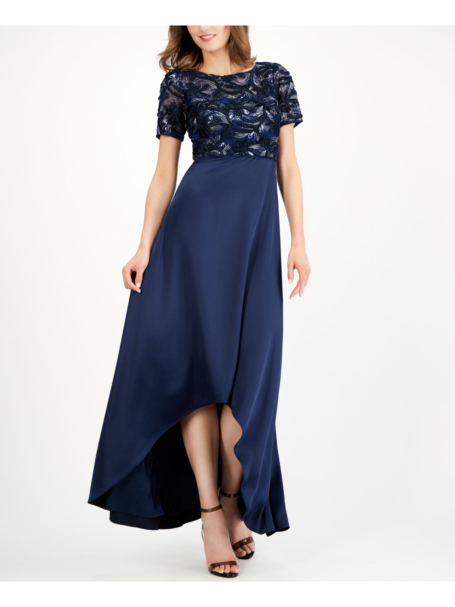 ADRIANNA PAPELL Womens Navy Lace Short Sleeve Boat Neck Maxi Formal Hi-Lo  Dress 12