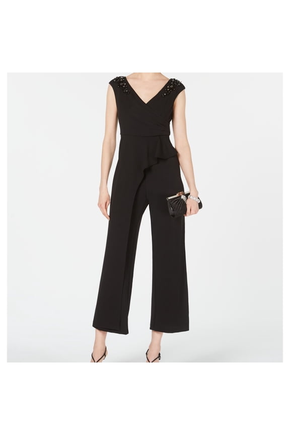 Womens Peplum Overlay Jumpsuit, Black, Petite, 8P