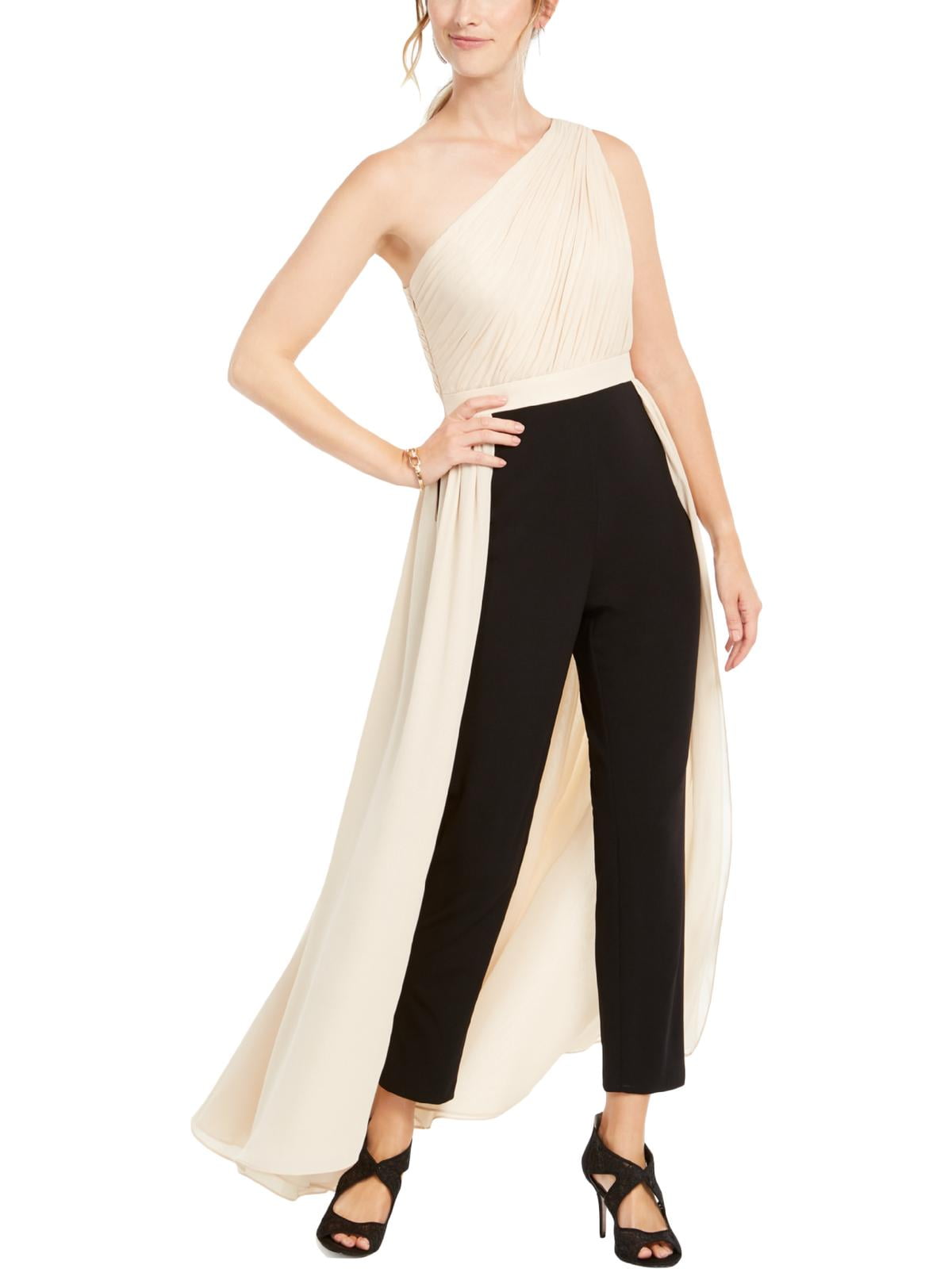 Adrianna Papell Womens Petites Chiffon One Shoulder Jumpsuit Beige 6P