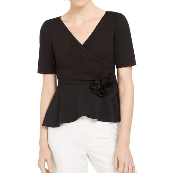 Adrianna Papell Womens Rosette Trim Peplum Blouse, Black, Petite, 8P