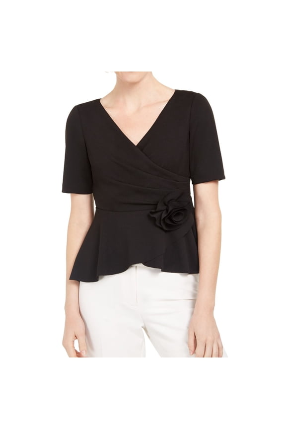 Womens Rosette Trim Peplum Blouse, Black, Petite, 8P