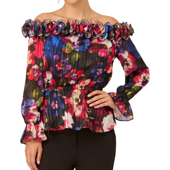 Adrianna Papell Womens Ruffled Off the Shoulder Blouse, Multicoloured, 6
