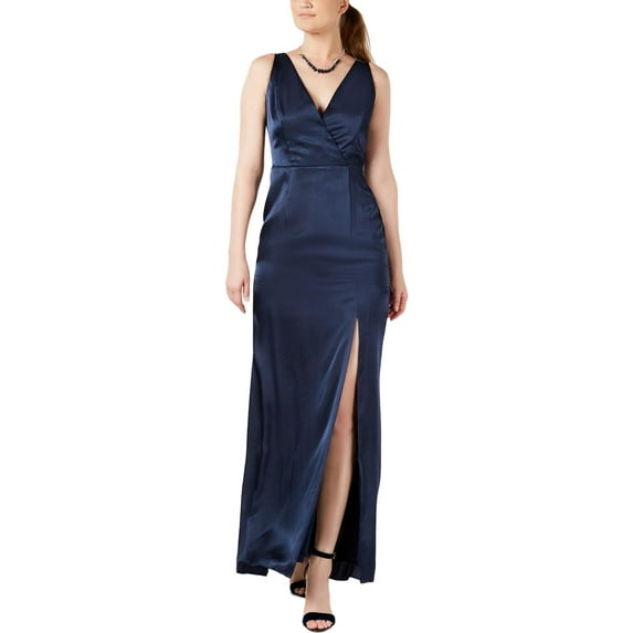 Adrianna Papell Womens Satin V-Neck Evening Dress Navy 10