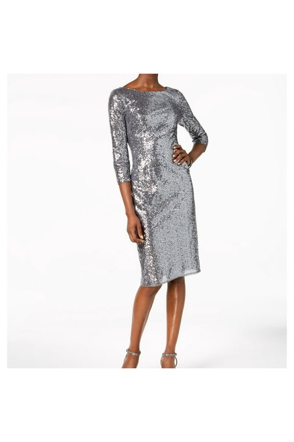Womens Sequin Sheath Dress, Grey, Petite, 10P