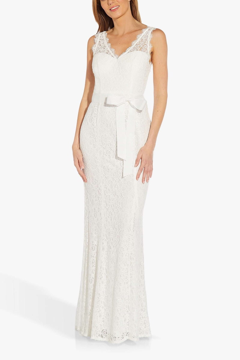 Adrianna Papell Womens Sleeveless Lace Gown with Illusion V Neckline Ivory 14