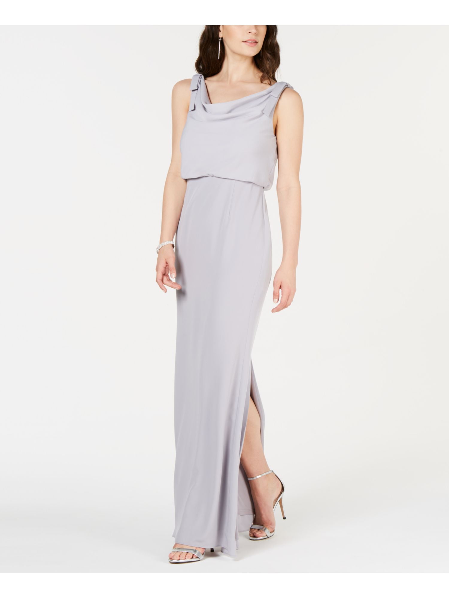 grey blouson dress Jasmine Beaded Blouson Gown With Sheer Short Sleeves In Dusty Blue