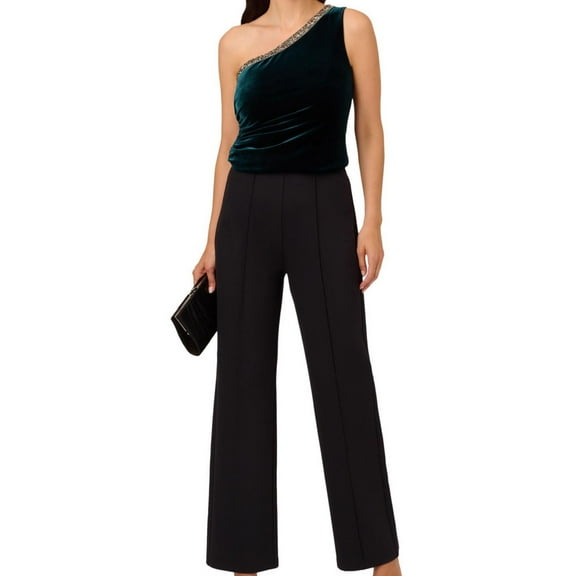 Adrianna Papell Womens Velvet Beaded One Shoulder Blouse, Green, 0