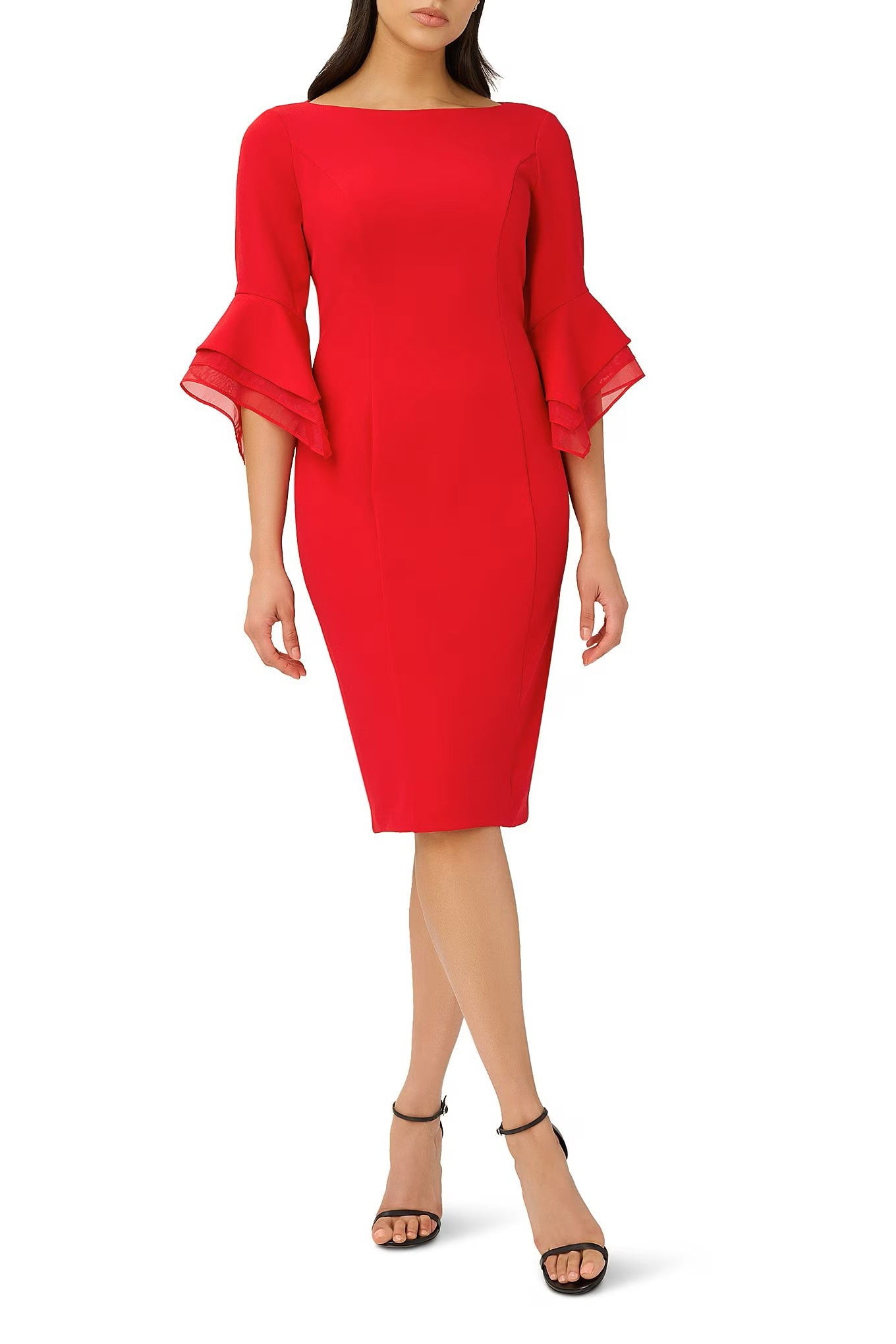 Adrianna Papell boat neck bell sleeve zipper back knit crepe sheath