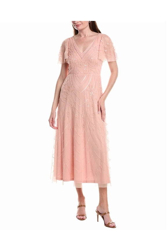 womens  Bead Mesh Flutter Midi Dress, 4, Red