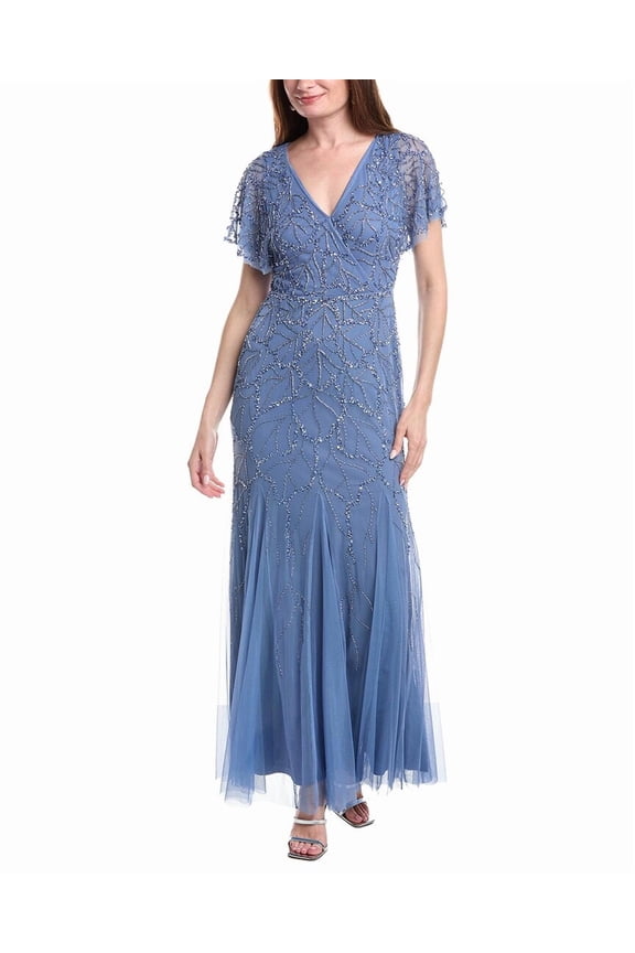 womens Bead Mesh Surplice Maxi Dress, 16, Blue