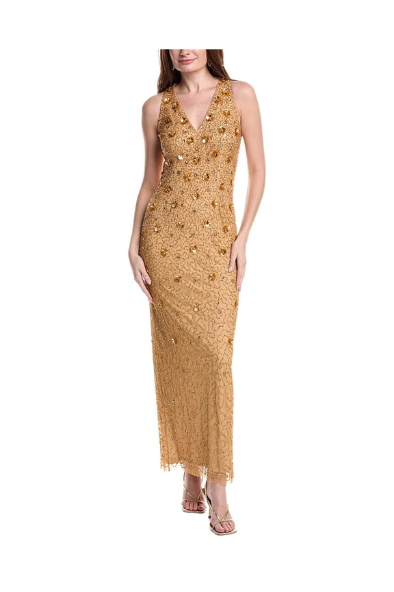 womens Beaded Halter V Neck Column Dress, 6, Gold