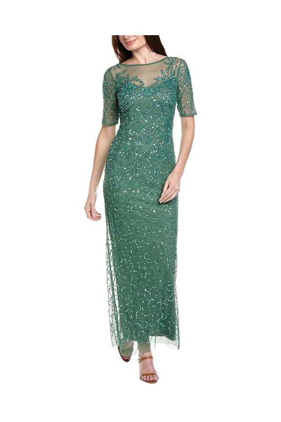 womens Beaded Mesh Column Dress, 2, Green