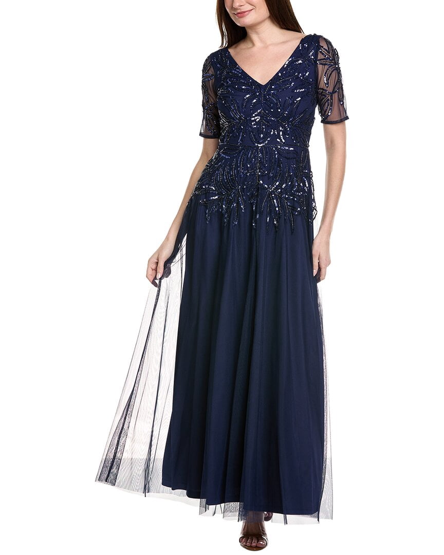 womens Beaded Mesh Gown, 0, Navy