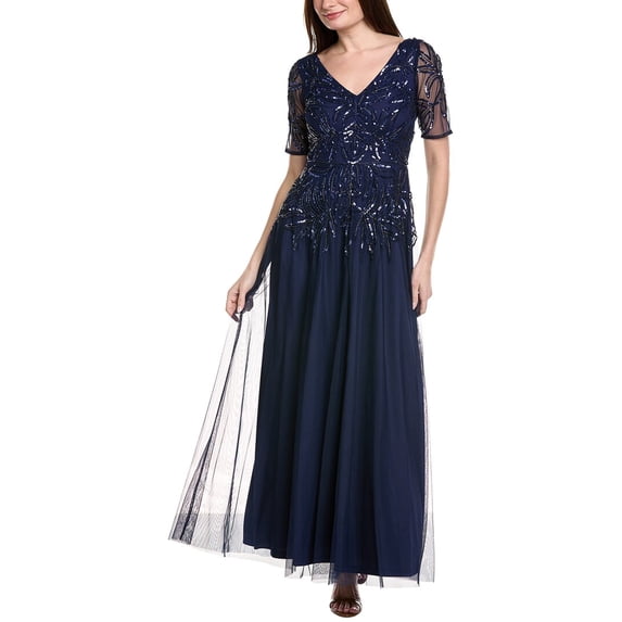 Adrianna Papell womens Beaded Mesh Gown, 0, Navy