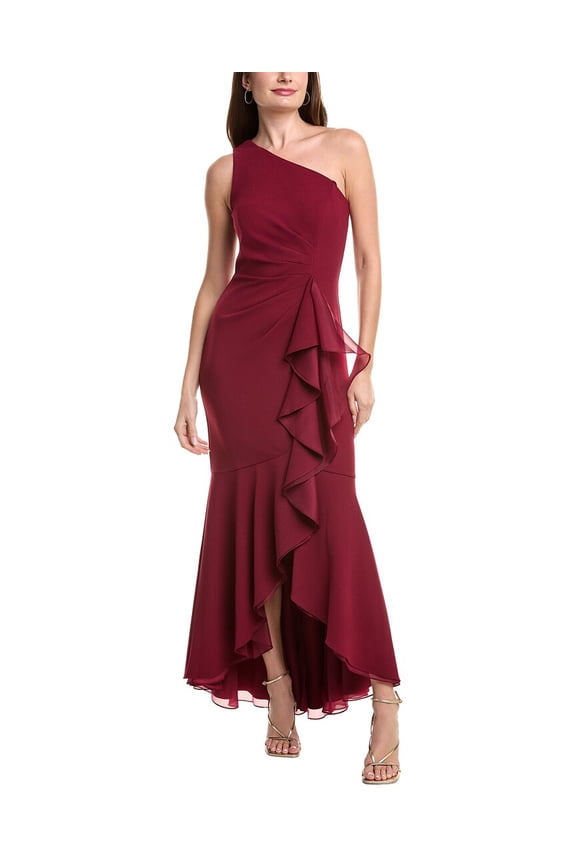 womens Crepe One Shoulder Ruffle Gown, 0, Brown