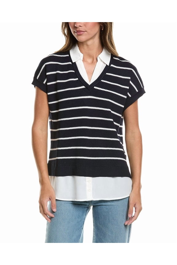womens Drop Shoulder Textured Stripe Twofer Sweater, l, Navy