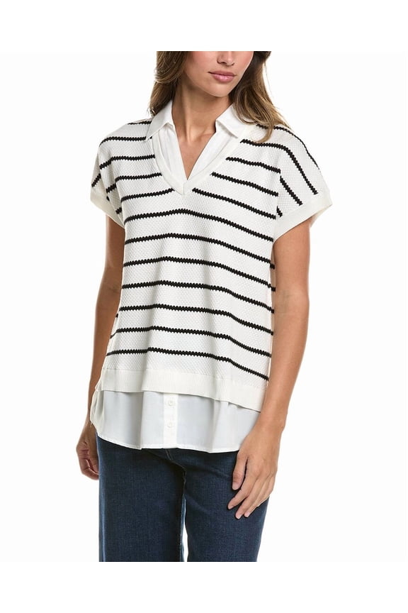 womens Drop Shoulder Textured Stripe Twofer Sweater, m, White