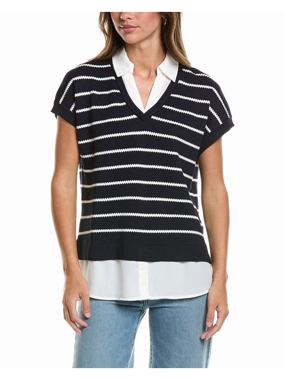 womens Drop Shoulder Textured Stripe Twofer Sweater, s, Navy