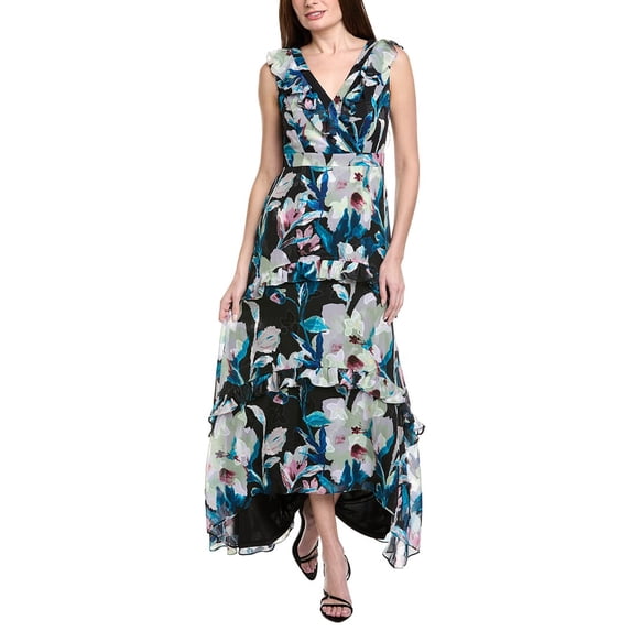 Adrianna Papell womens Floral Chiffon High-Low Ruffle Gown, 6, Black