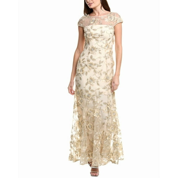 Adrianna Papell womens  Floral Embroidered Godet Gown, 8, Brown