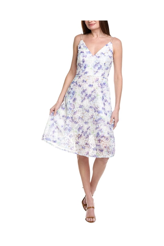 womens Floral Tulle Soutache A-Line Midi Dress, 6, Purple