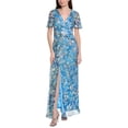 thumbnail image 1 of Adrianna Papell womens  Flutter Sleeve Crinkle Foil Floral Gown, 12, Blue, 1 of 3