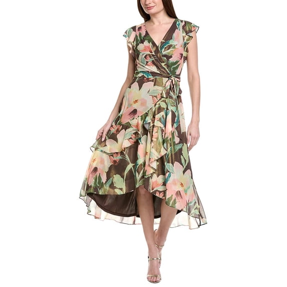 Adrianna Papell womens Flutter Sleeve High-Low Midi Wrap Dress, 0, Brown