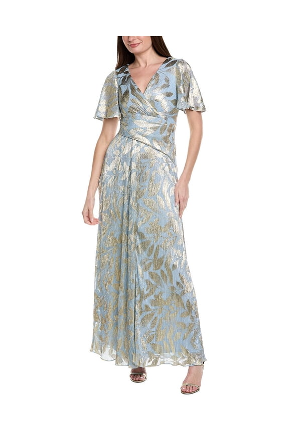 womens Foil Leaf Draped Gown, 8, Blue