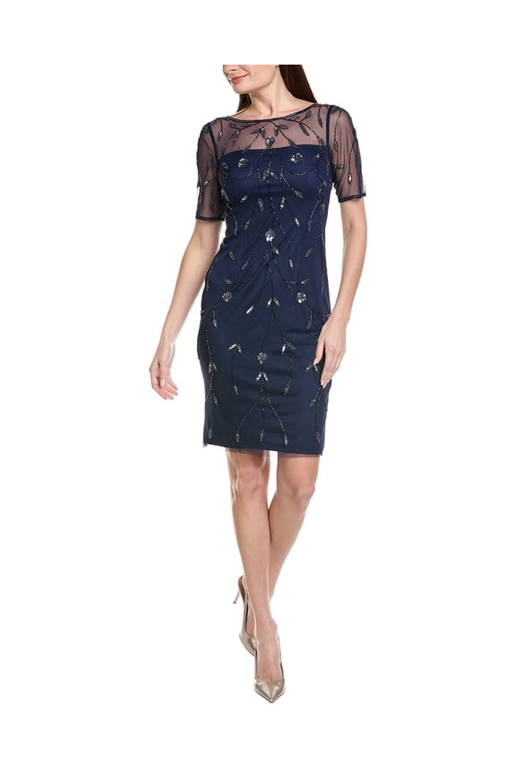 womens  Illusion Floral Beaded Sheath Dress, 10, Blue