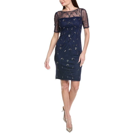 Adrianna Papell womens Illusion Floral Beaded Sheath Dress, 6, Blue