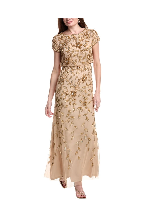 womens Short Sleeve Blouson Beaded Dress, 8, Yellow