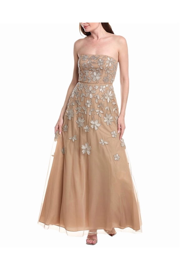 womens Strapless Beaded Mesh Maxi Dress, 14, Brown