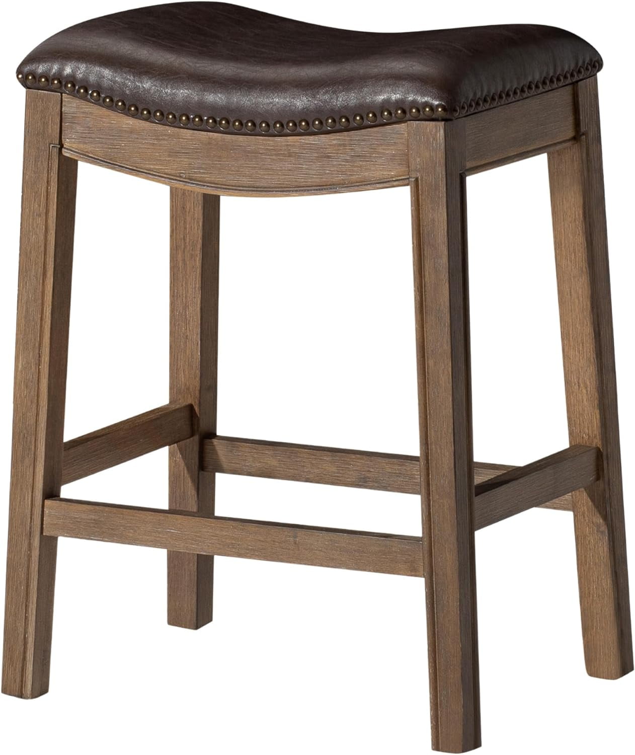 Weathered Oak Backless Saddle Barstool with Vegan Leather Seat