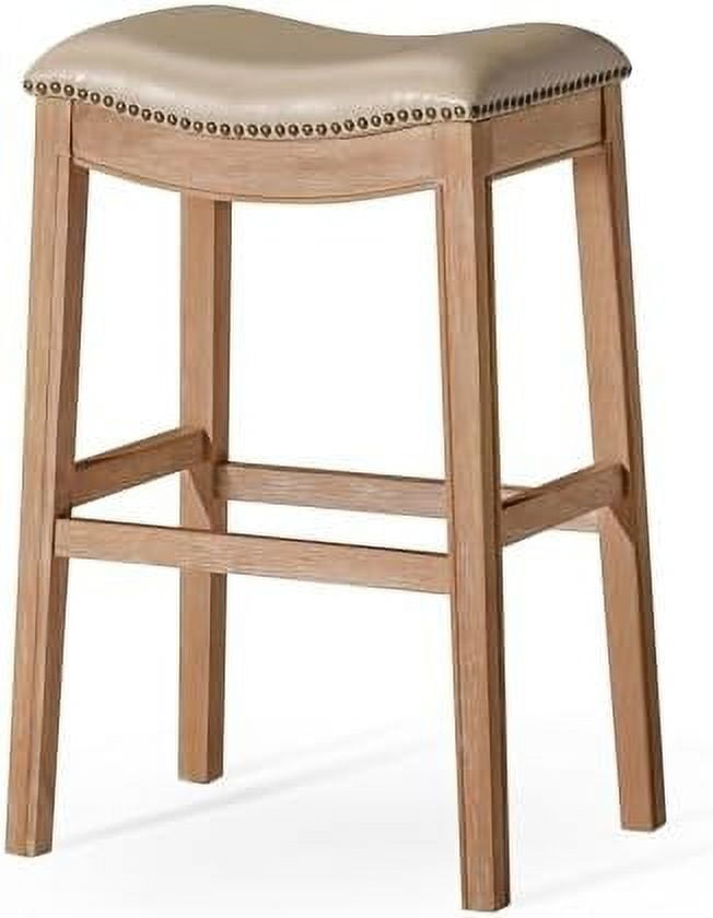 Weathered Oak Backless Saddle Barstool with Vegan Leather Seat