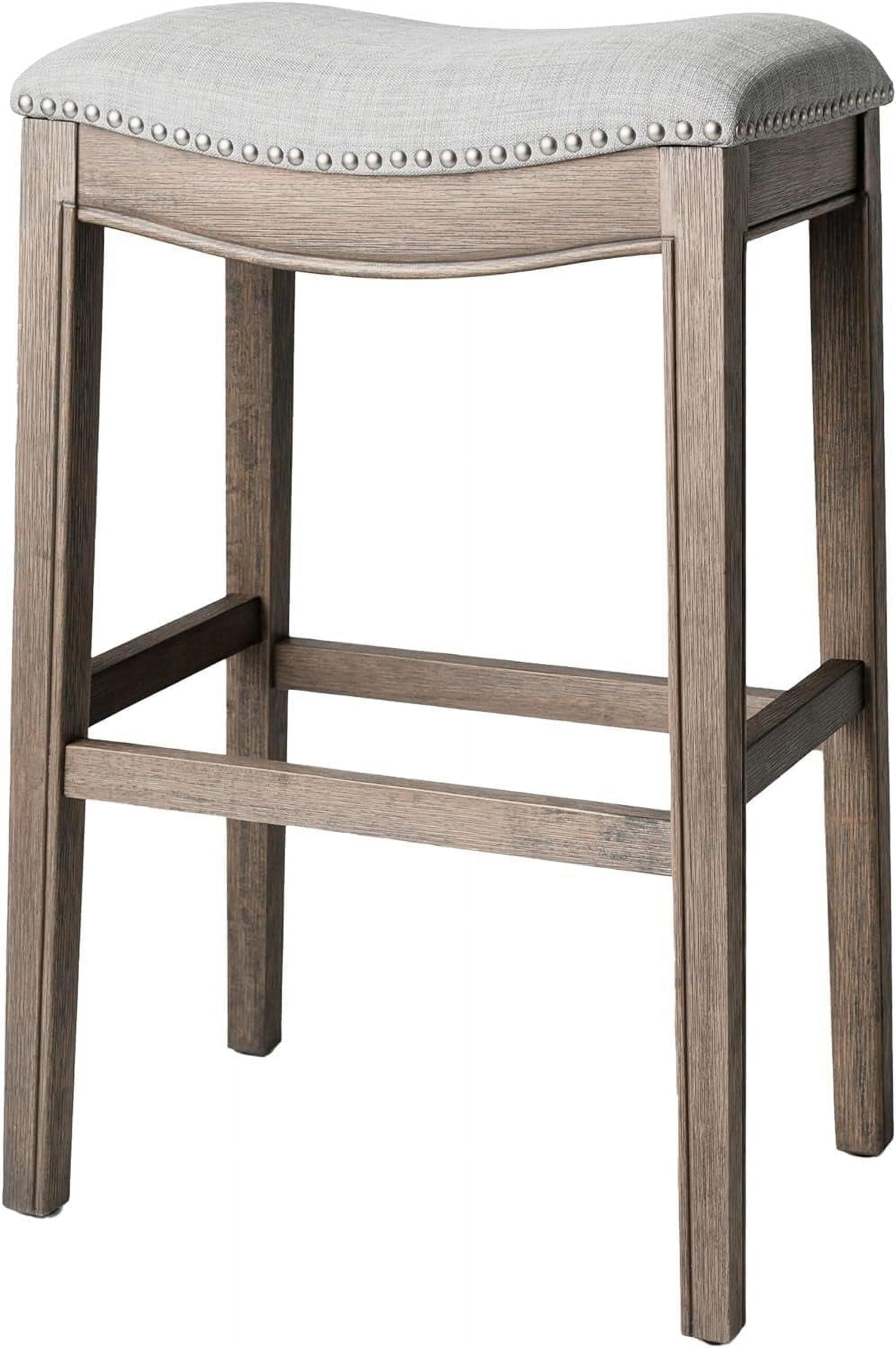 Adrien 31 Inch Bar Height Upholstered Backless Saddle Barstool in Reclaimed Oak Finish with Ash Grey Fabric Cushion Seat