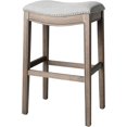 thumbnail image 1 of Adrien 31 Inch Bar Height Upholstered Backless Saddle Barstool in Reclaimed Oak Finish with Ash Grey Fabric Cushion Seat, 1 of 5