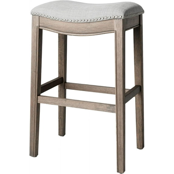 Adrien 31 Inch Bar Height Upholstered Backless Saddle Barstool in Reclaimed Oak Finish with Ash Grey Fabric Cushion Seat