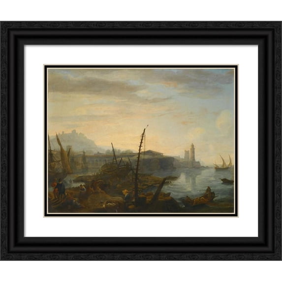 Adrien Manglard 24x20 Black Ornate Framed Double Matted Museum Art Print Titled: A Mediterranean Port with Figures Resting and Fishermen Drawing in Their Nets in the Foreground, a