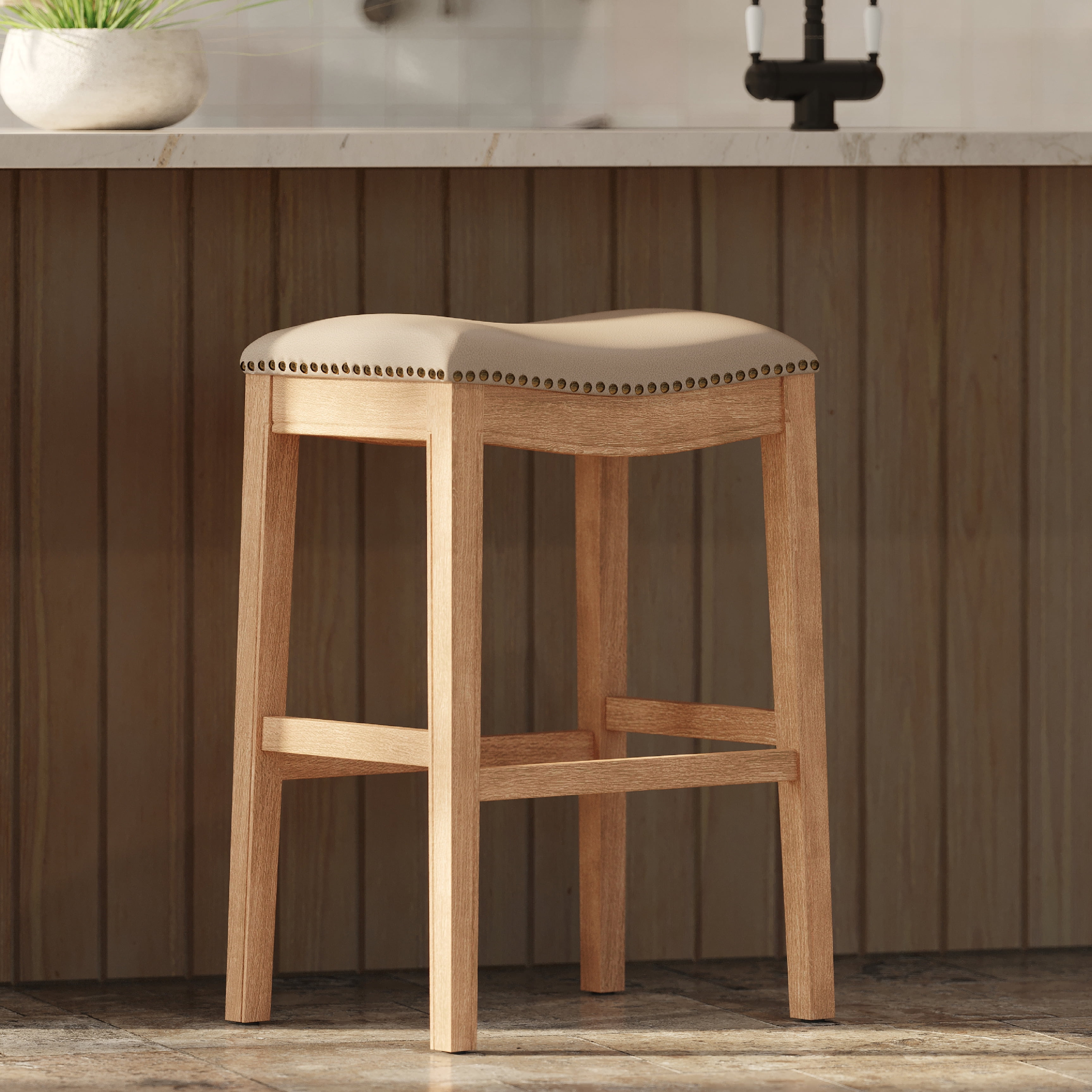 Weathered Oak Backless Saddle Barstool with Vegan Leather Seat
