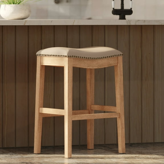 Maven Lane Adrien Saddle Barstool In Weathered Oak With Avanti Bone Vegan Leather