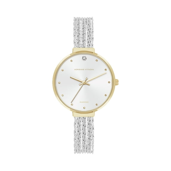 Adrienne Vittadini Diamond Dial White Dial and Gold/Silver Tone Mesh Analog Watch